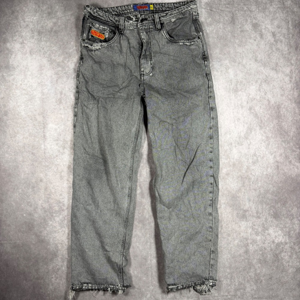 Empyre Mens Baggy Distressed Jeans Grey Acid Wash Frayed Hem Size 32 Skater